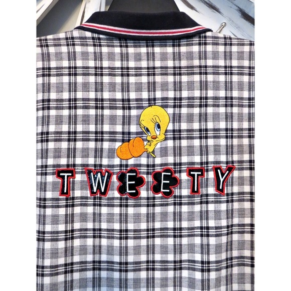 Warner Bros. Tops - VTG Warner Bros Studio Tweety Bird S/M Plaid Zip Shirt Embroidered Looney Tunes